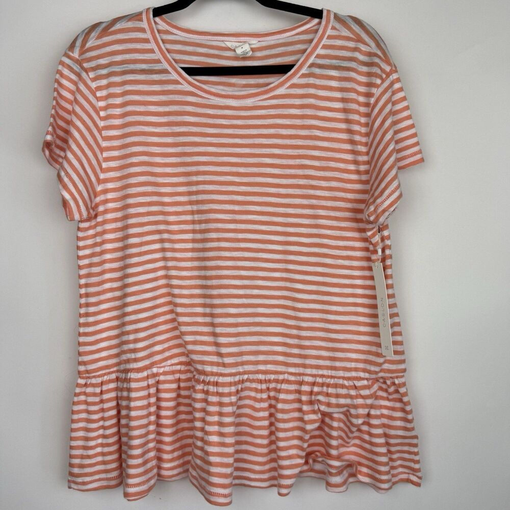Caslon Striped Peplum Top Women’s Med NWT Pink White Short Sleeve Flowy Blouse